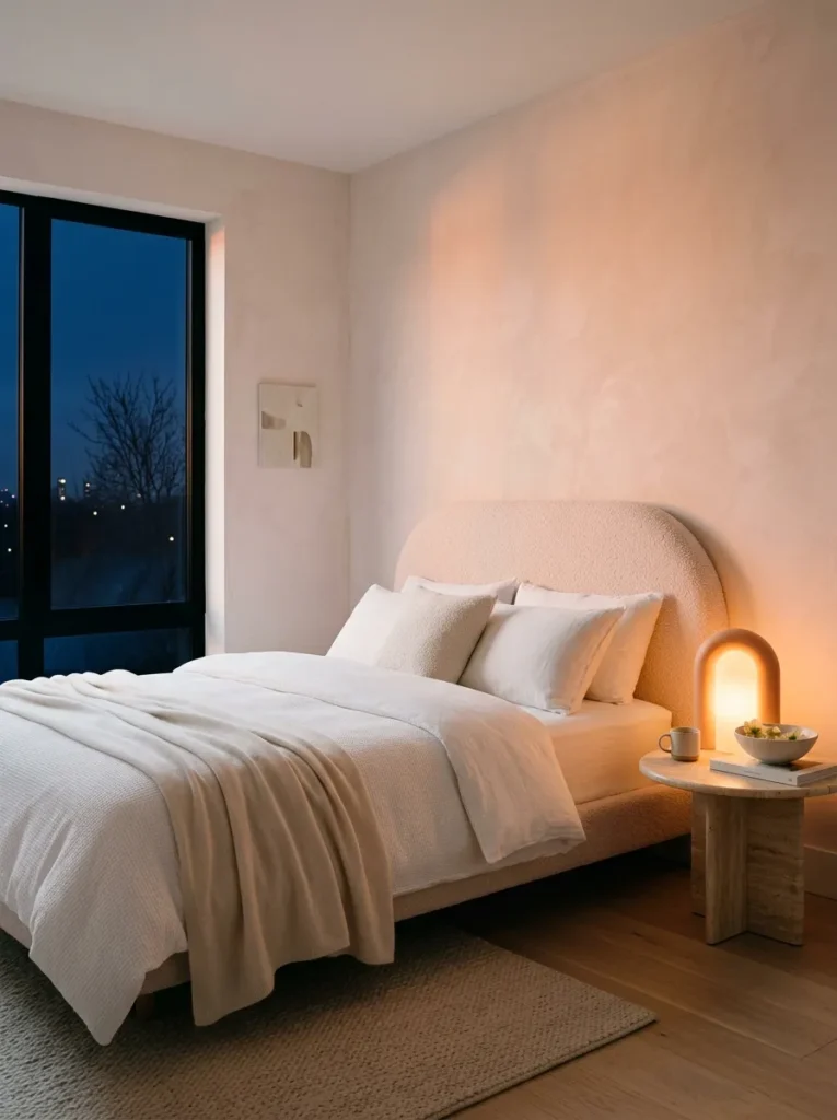 Blush limewashed bedroom glowing peach under a sunrise lamp