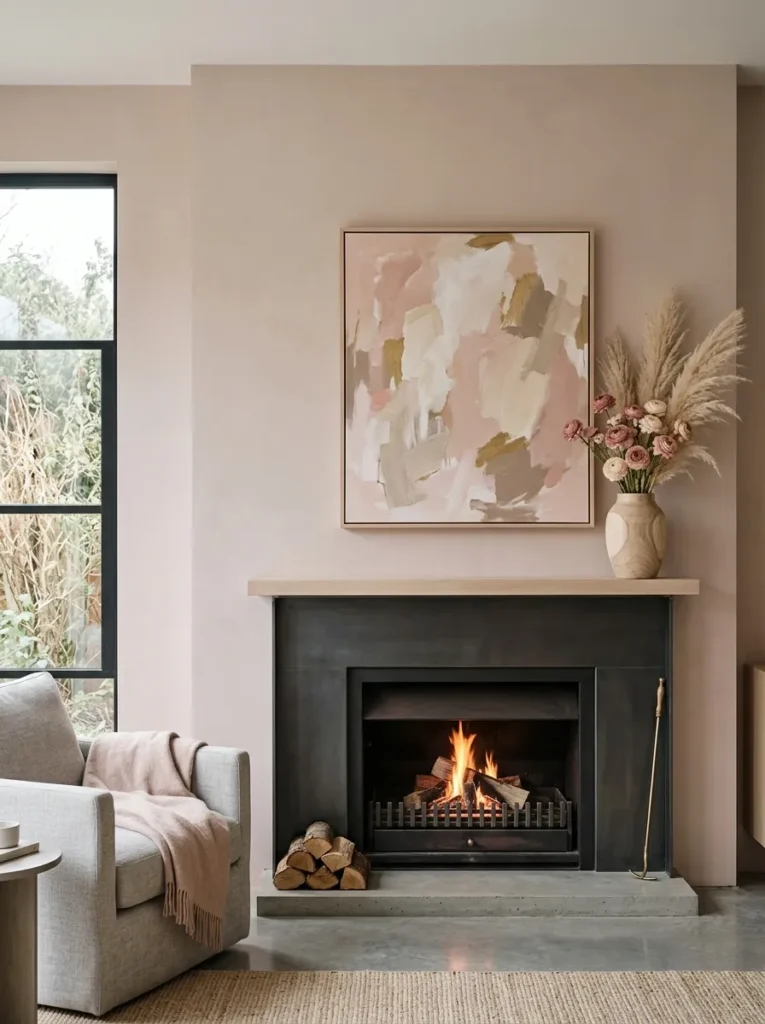 Blush-pink abstract art matched to the wall color above a vase of dried ranunculus and pampas