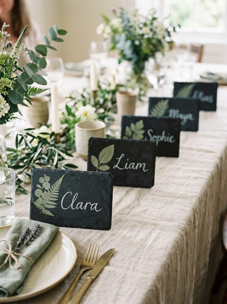 Row of mini slate place cards with sage leaf outlines and chalk names