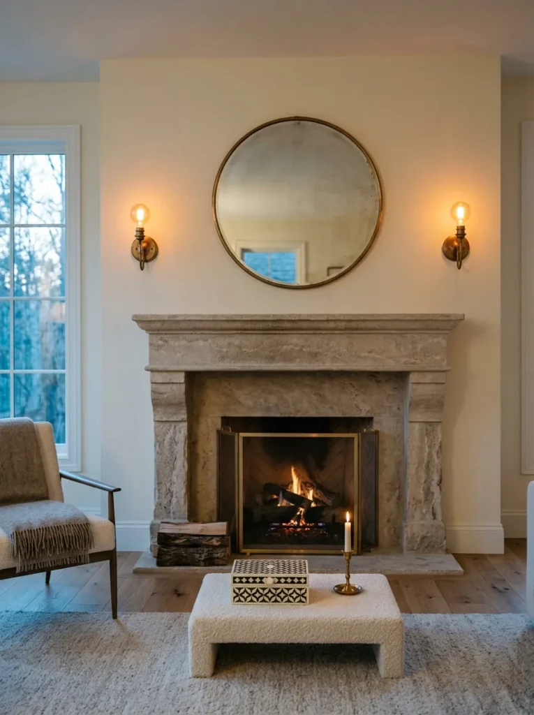 Vintage brass sconces flanking a mantel with a boucle-wrapped riser and bone-inlay box