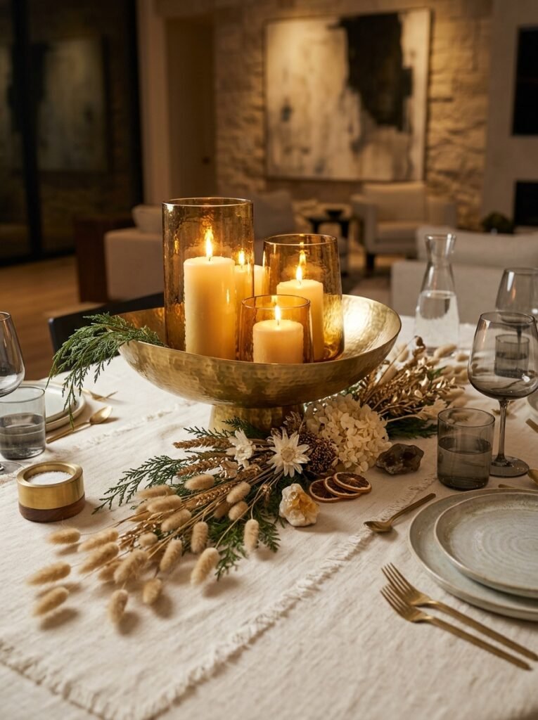 Hammered brass compote with amber glass candle hurricanes and cedar sprigs on cream linen