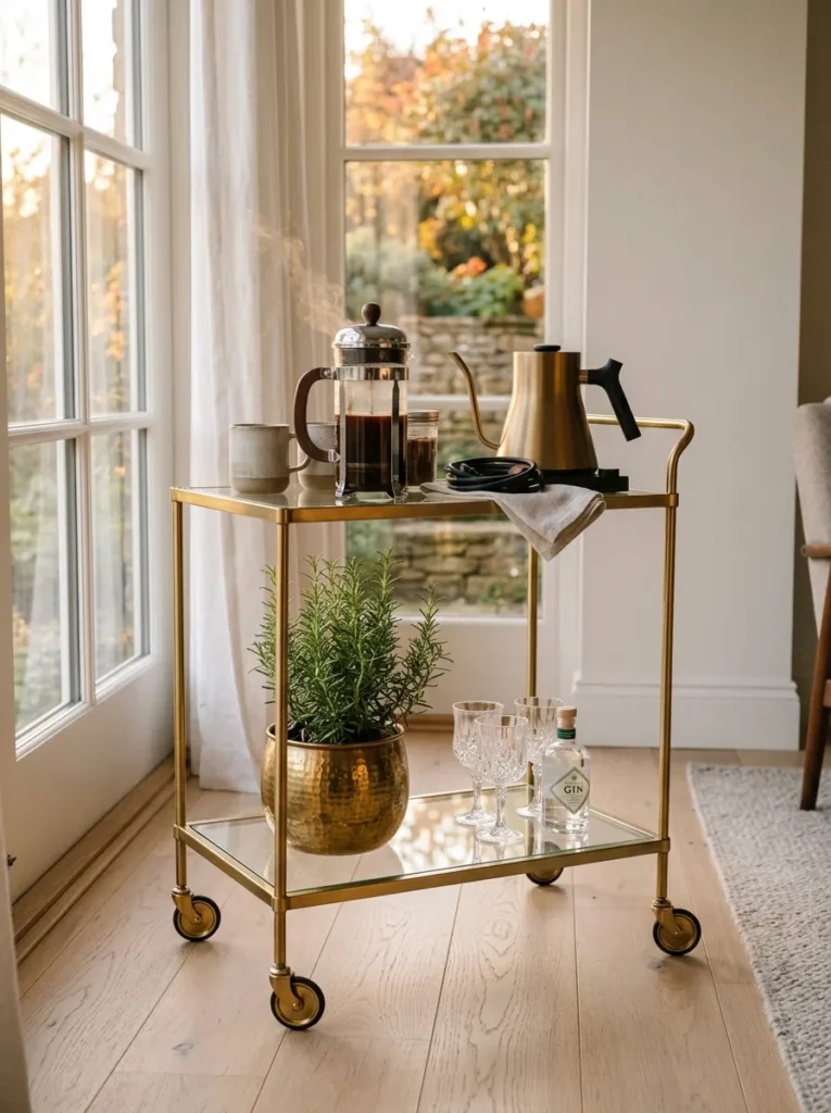  Brass-and-glass rolling bar cart with a French press beside a sunlit window