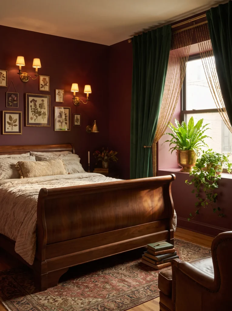 Burgundy bedroom with a brass sconce cluster and dark walnut sleigh bed