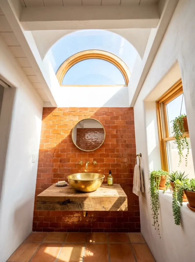 Arched skylight lighting a burnt terracotta bathroom with a hammered brass vessel basin