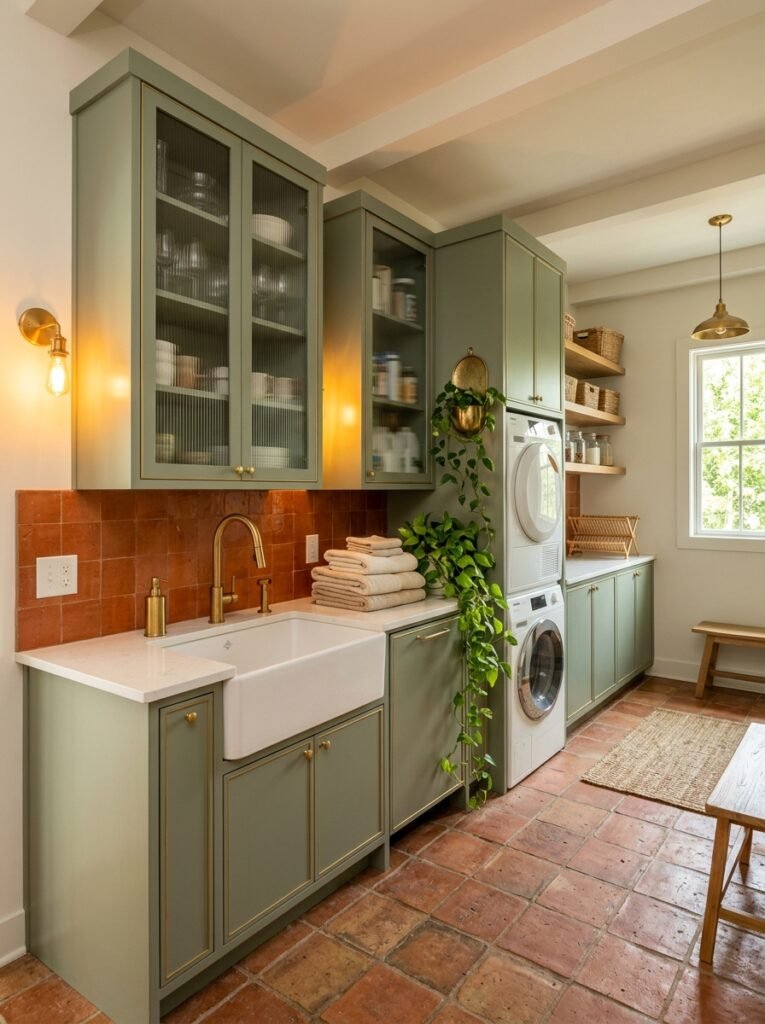 Sage green butler's pantry laundry room with brass sconces and terracotta tile