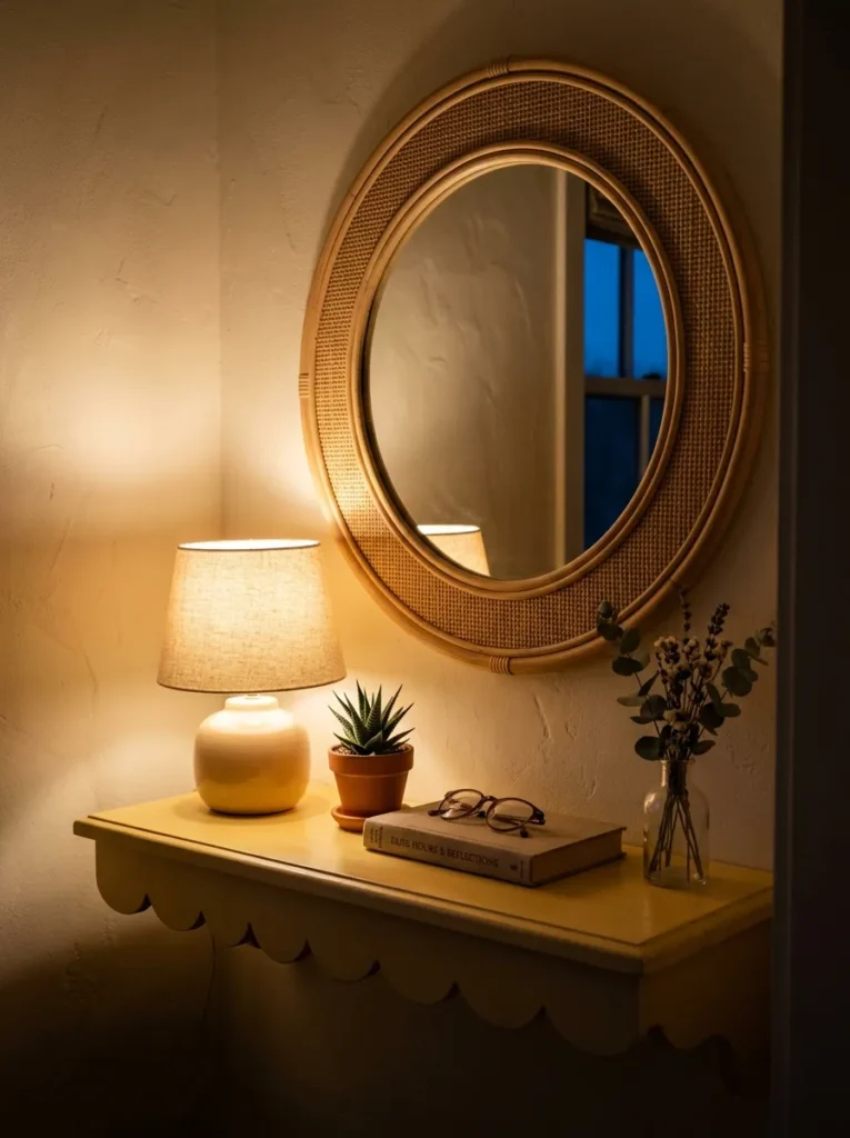 Butter-yellow scalloped floating vanity shelf with a rattan-framed mirror and ruffled lamp