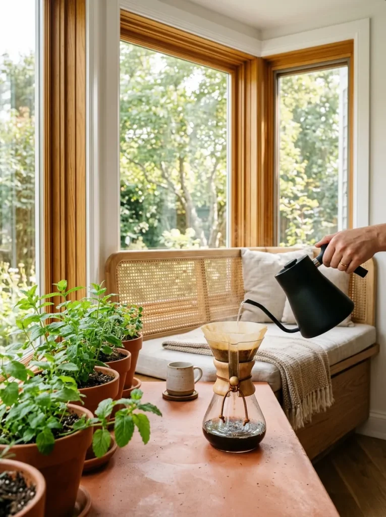 Cane-webbed bay window bench with a Chemex mid-pour on a terracotta window ledge