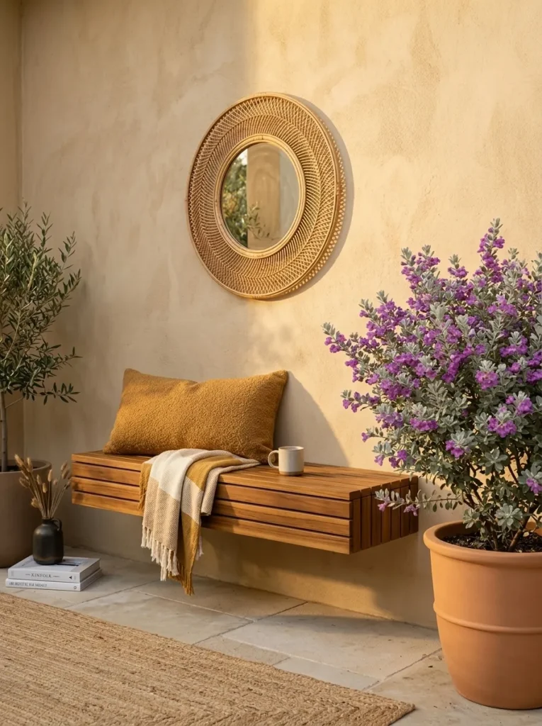 "Floating teak bench against a sandstone stucco wall with Texas sage"