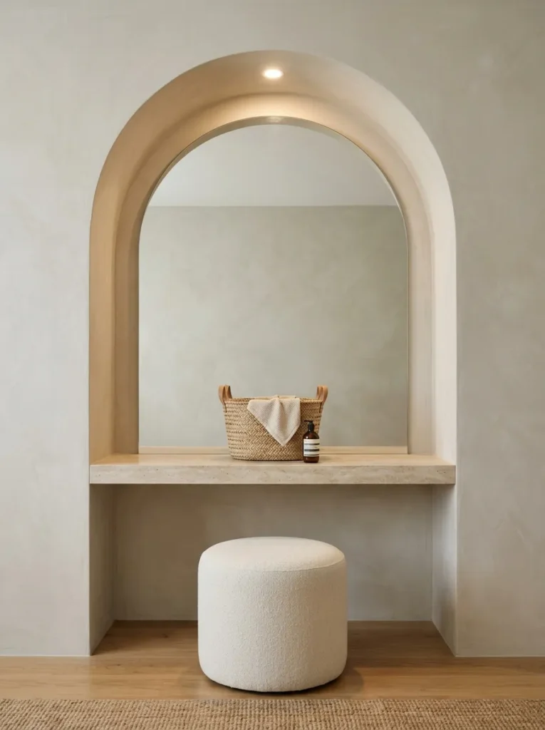 Arched plaster niche vanity with a flush mirror and recessed warm downlight