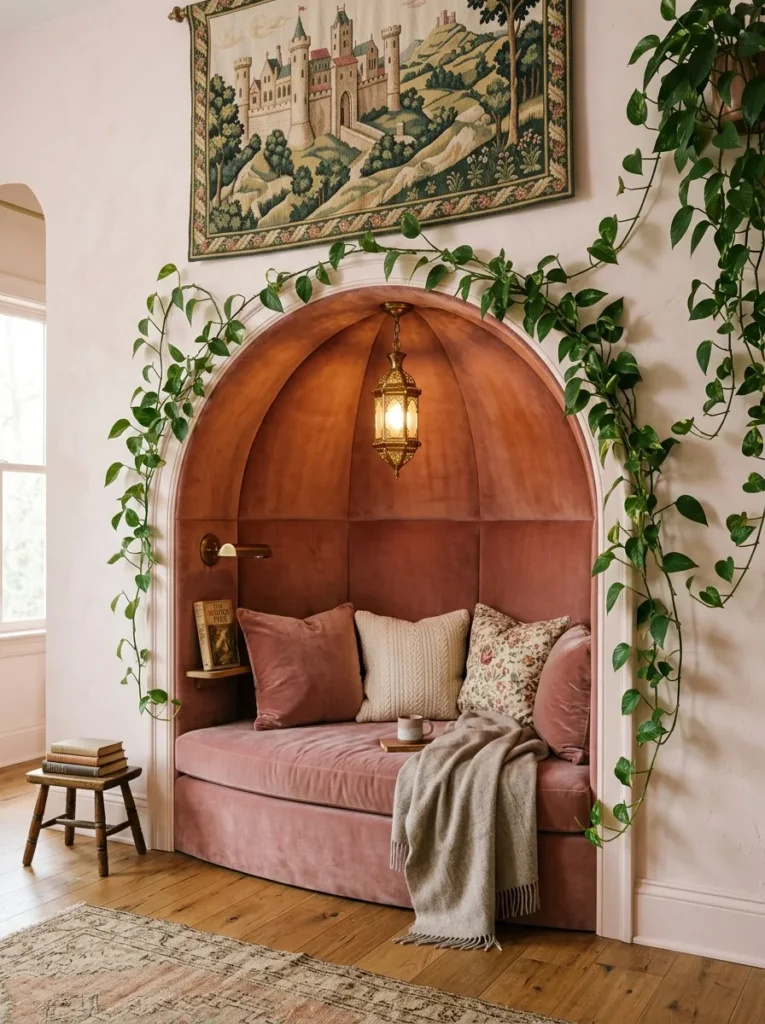 "Curved turret reading alcove upholstered in dusty rose velvet"