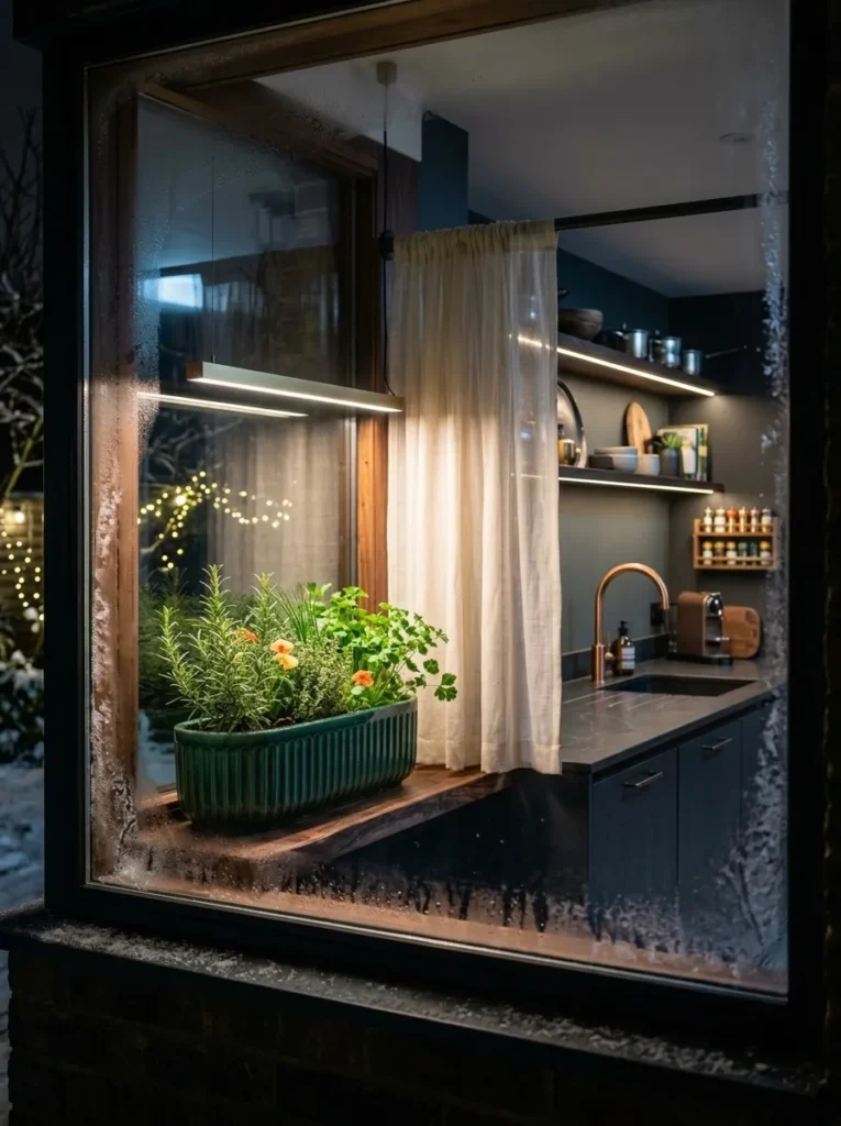 Fluted celadon herb trough with rosemary and thyme lit by an LED grow bar