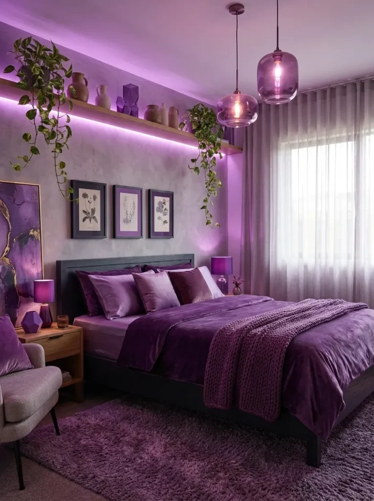 Cement-gray bedroom with thistle-purple waffle bedding and a woven paper pendant lantern