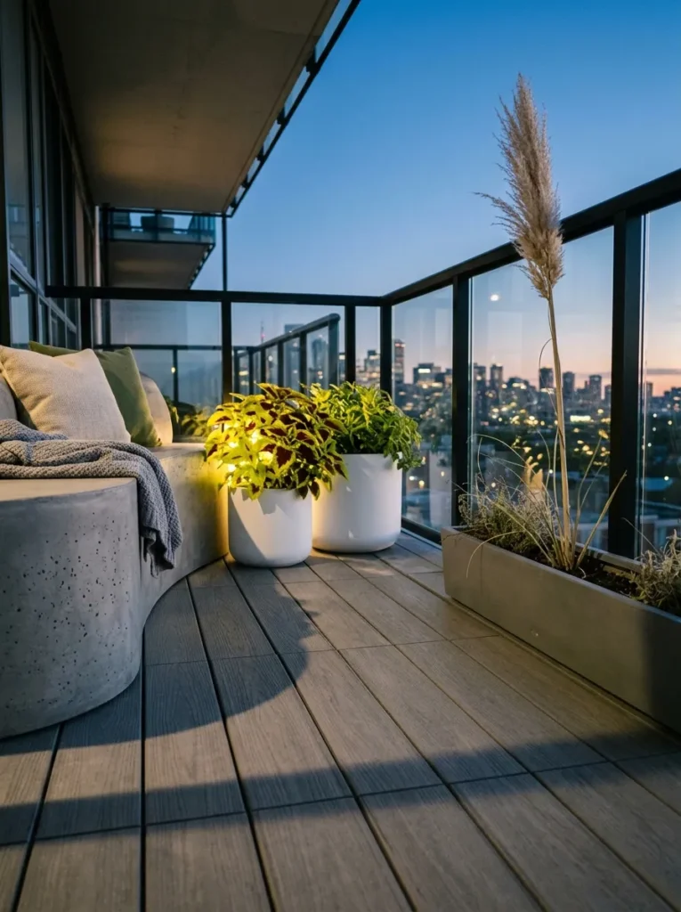"Chalk white and chartreuse modern balcony bench with uplighting"