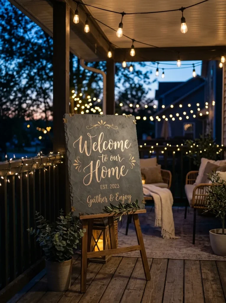  Unframed outdoor chalkboard with champagne-gold "Welcome" script under warm string lights