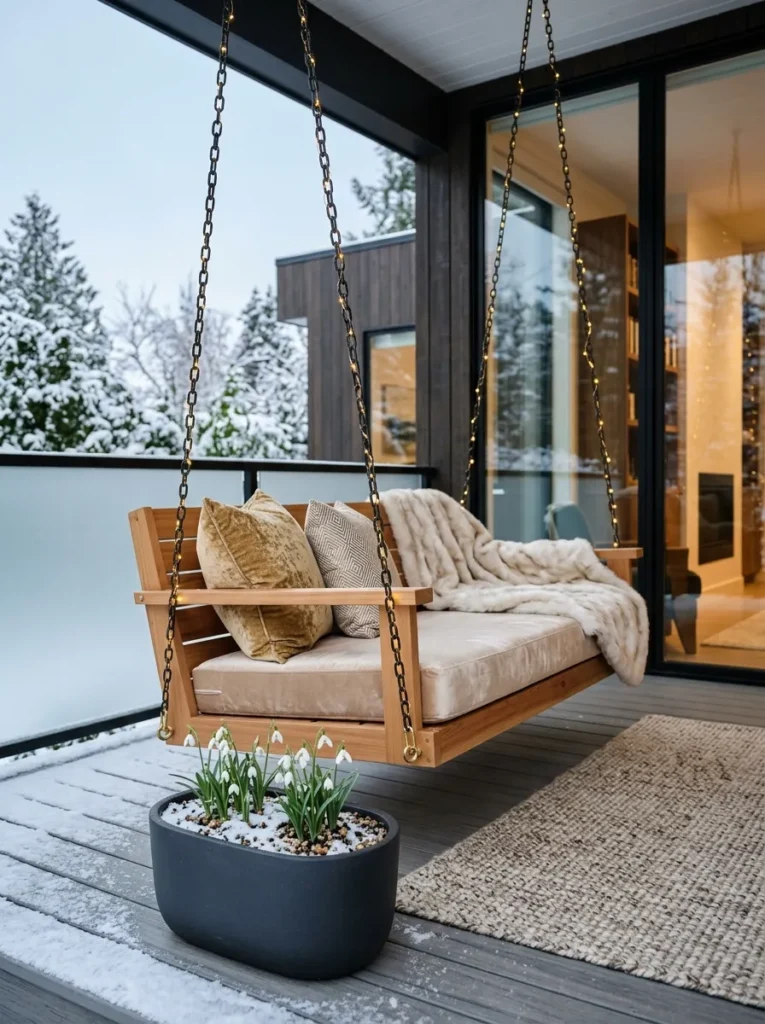 Cedar porch swing with champagne cushion and gold fairy lights beside snowdrops in bloom
