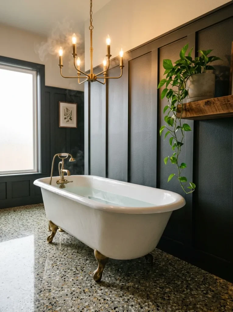 Cast iron clawfoot tub under an off-center brass chandelier against charcoal board-and-batten walls