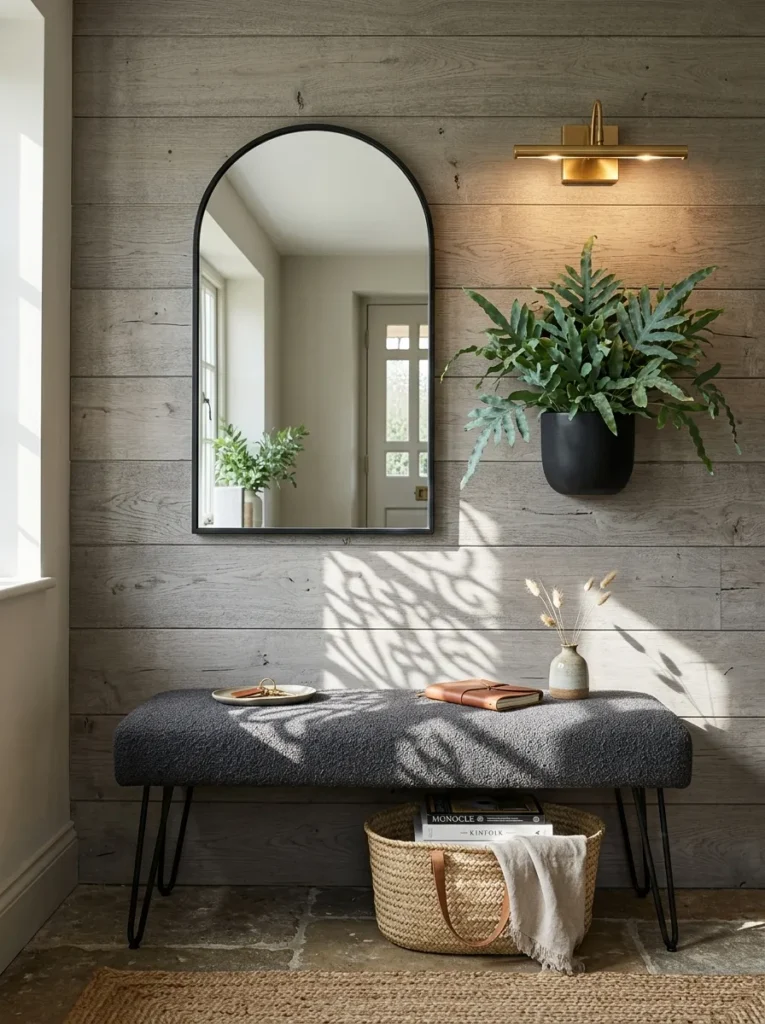 Charcoal bouclé boot bench with a blue star fern lit by a brass picture light