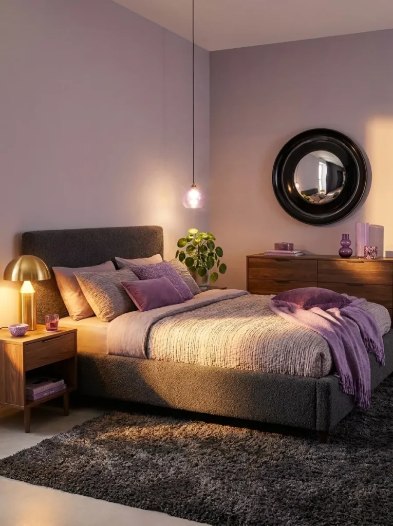 Lilac-gray bedroom with a charcoal boucle bed frame and a convex black mirror