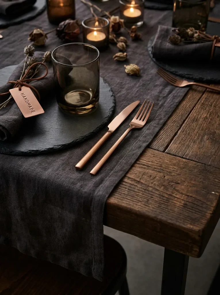 Exposed wood table with charcoal runner, slate plates, and copper flatware