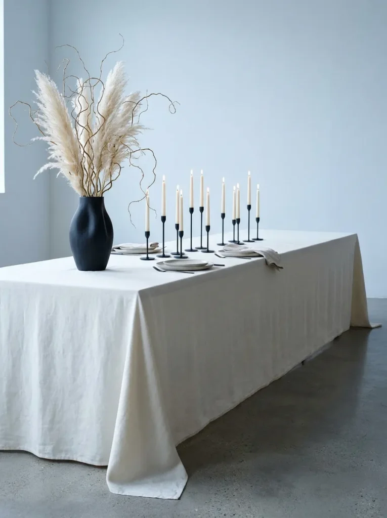 Tall matte black vase with dried cream pampas positioned off-center on a linen table