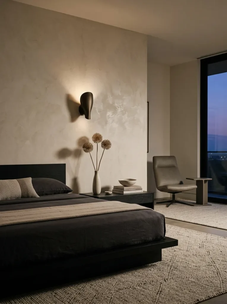 Raw plaster bedroom wall lit by a low sconce beside dried allium in a bud vase