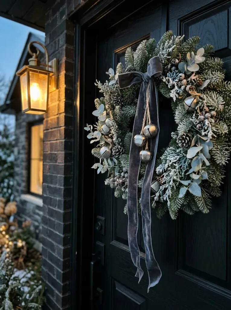 Charcoal noble fir winter wreath with silver eucalyptus and pewter bells on a black front door.