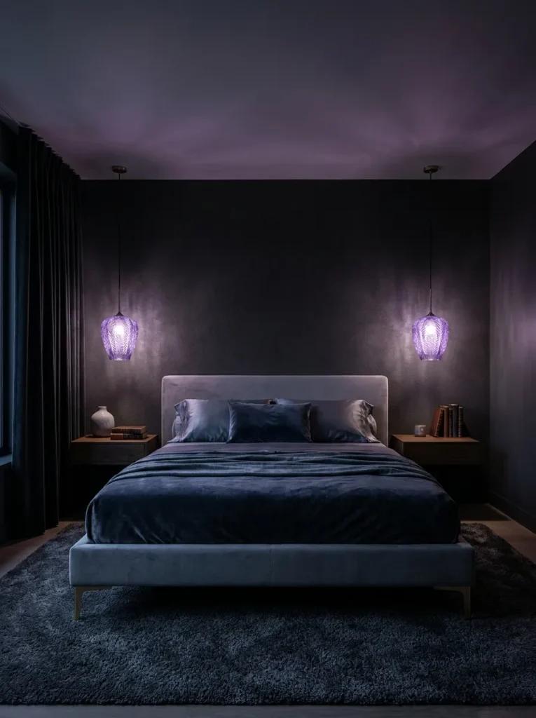Dark charcoal bedroom with wisteria-glass pendant lights and a mist-gray boucle bed