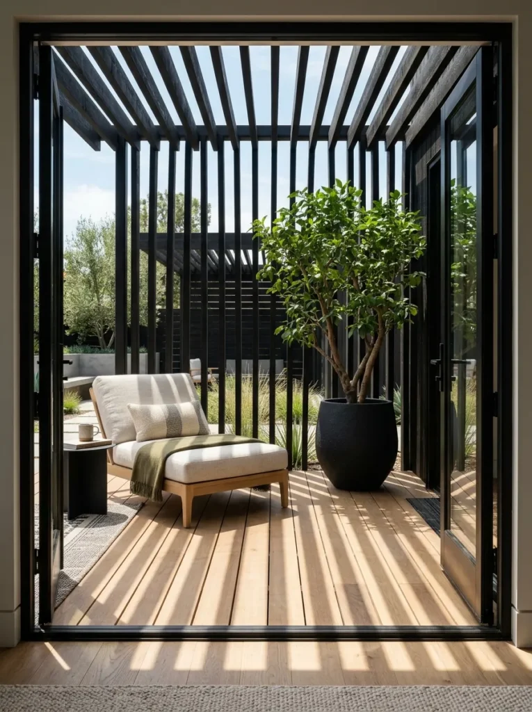 Charred cedar slat pergola casting striped shadows