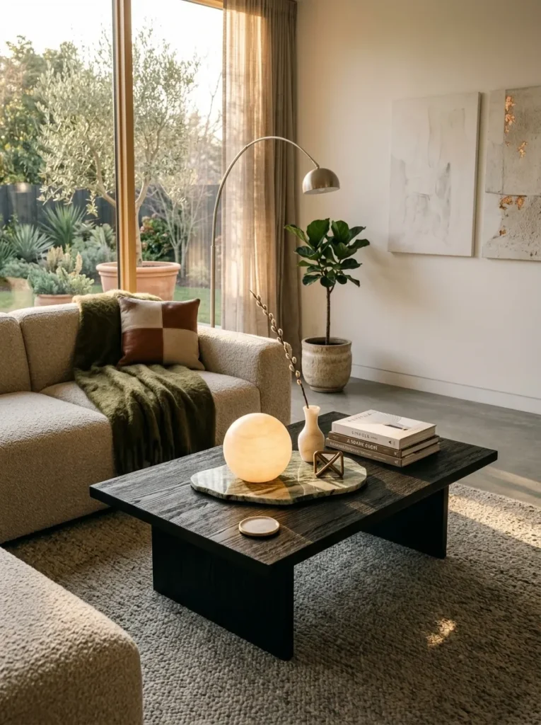 Charred oak coffee table with a single alabaster orb casting a long shadow