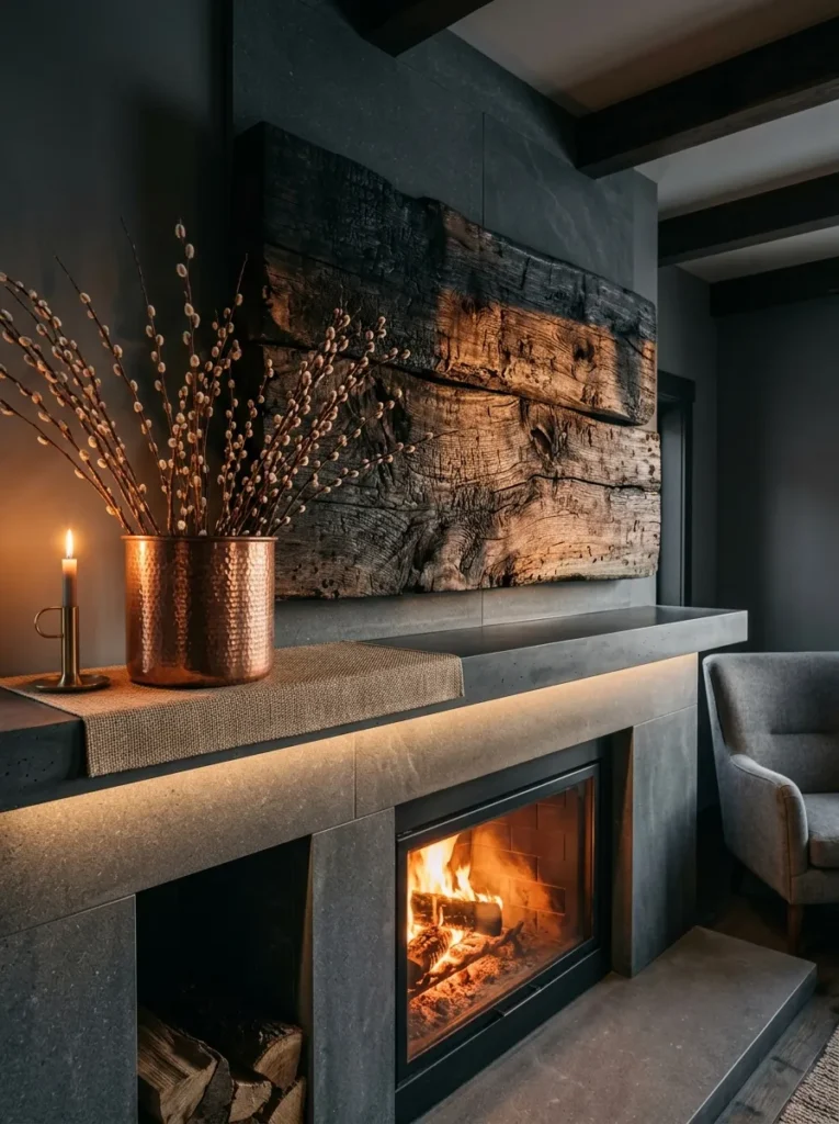  Charred wood slab mounted above a mantel with a copper vessel of pussy willow branches