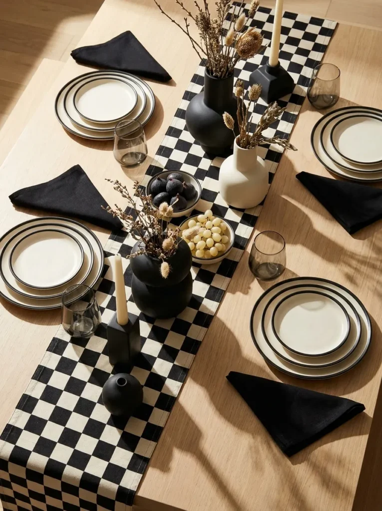  Black-and-cream checkerboard runner with cream plates and stemless smoked glassware
