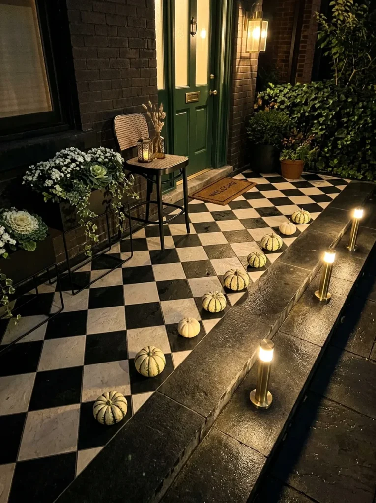 "Black-and-ivory checkerboard painted porch floor at night"