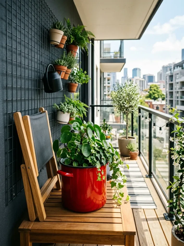 "Wall-mounted steel shelf-ledge on a sub-4-foot micro balcony"