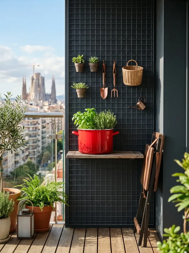 "Wall-mounted steel shelf-ledge on a sub-4-foot micro balcony"