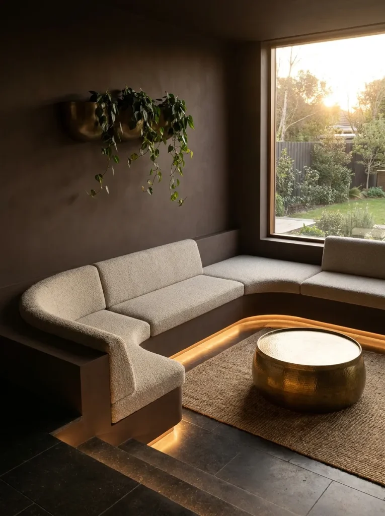 Sunken lounge step with a curved oat bouclé daybed sofa and recessed step lighting