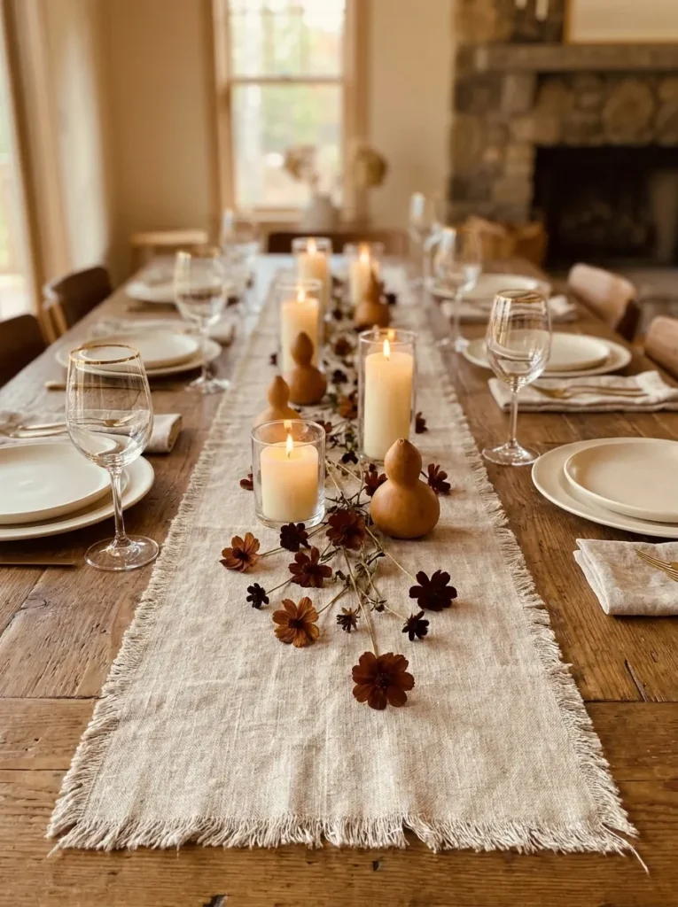 Frayed raw linen runner with chocolate cosmos, caramel gourds, and ivory pillar candles
