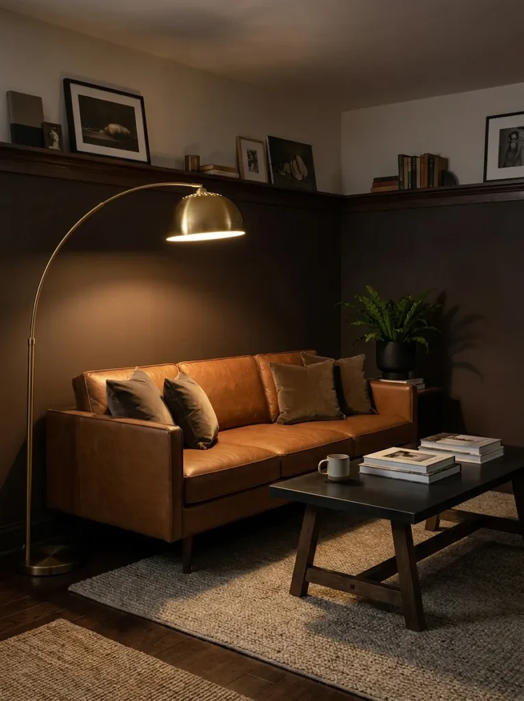Deep chocolate reading den with a cognac leather sofa and blackened steel trestle table