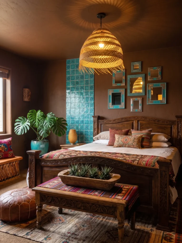 Chocolate-brown bedroom with a turquoise Talavera-tile headboard wall