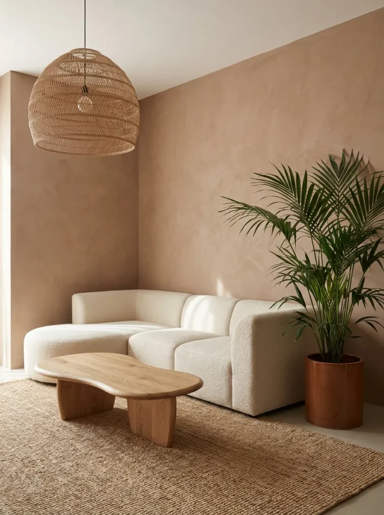 Bare cinnamon micro-cement wall with a low cream bouclé modular sectional