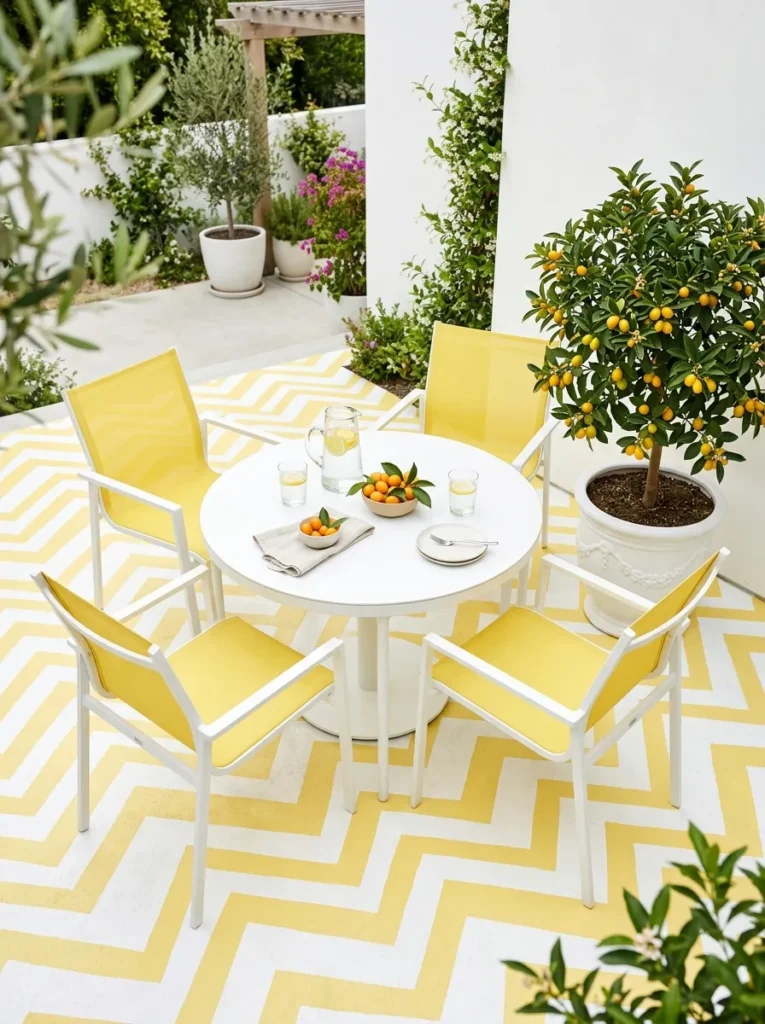 "White sling chairs on a hand-painted chevron concrete patio floor"
