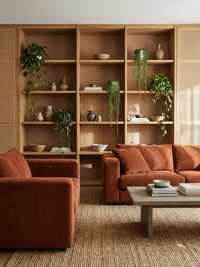 Floor-to-ceiling caned-wood shelving wall against matte clay paint with a rust corduroy sofa