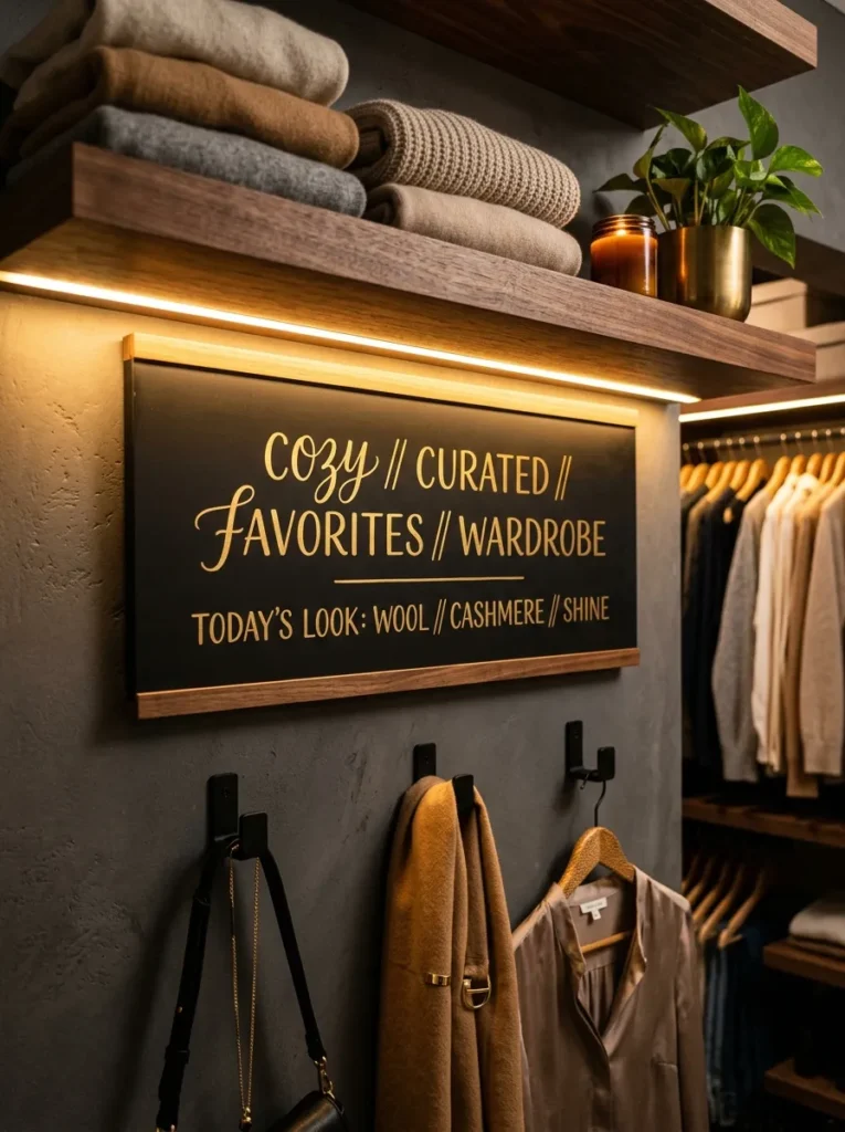 Slim gold-lettered chalkboard beneath a warm LED closet shelf light