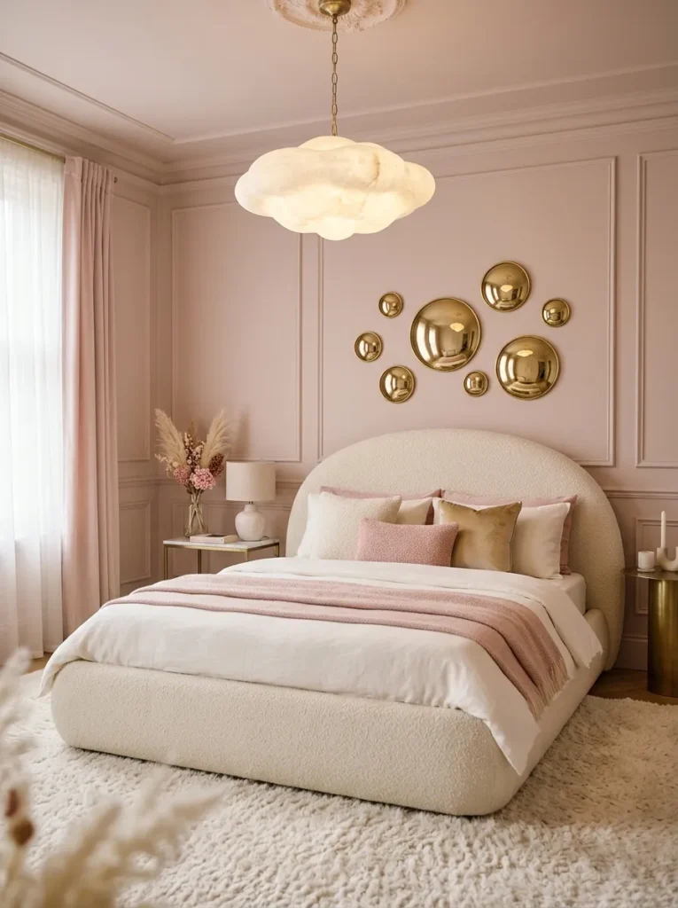 "Wraparound bouclé cocoon bed in a marshmallow pink bedroom"