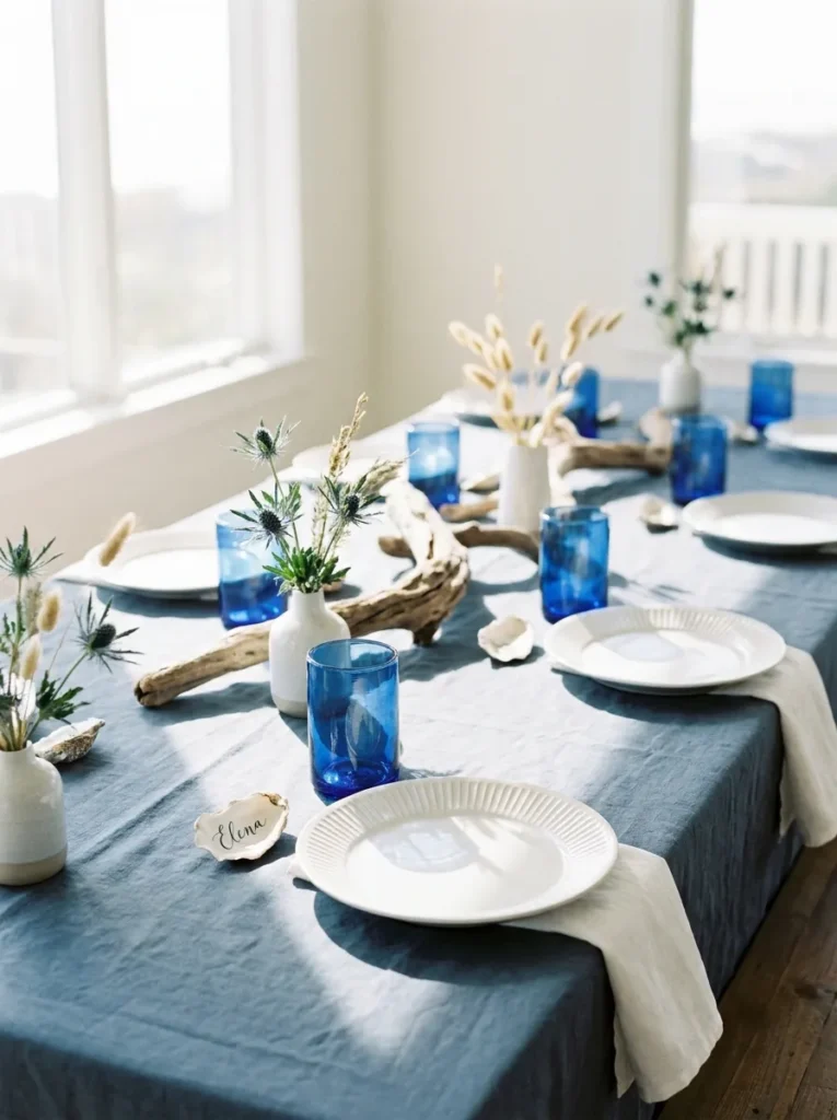 Slate blue tablecloth with white ribbed plates and cobalt glass tumblers