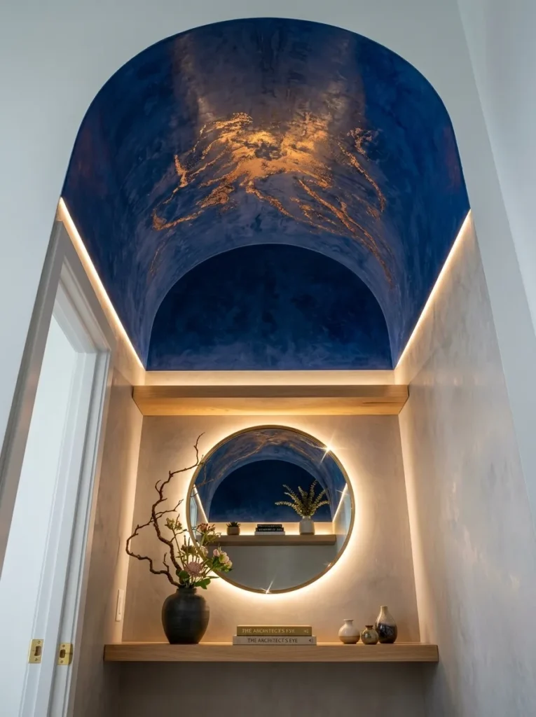 Cobalt plaster arched alcove vanity with a white oak shelf and hidden LED glow