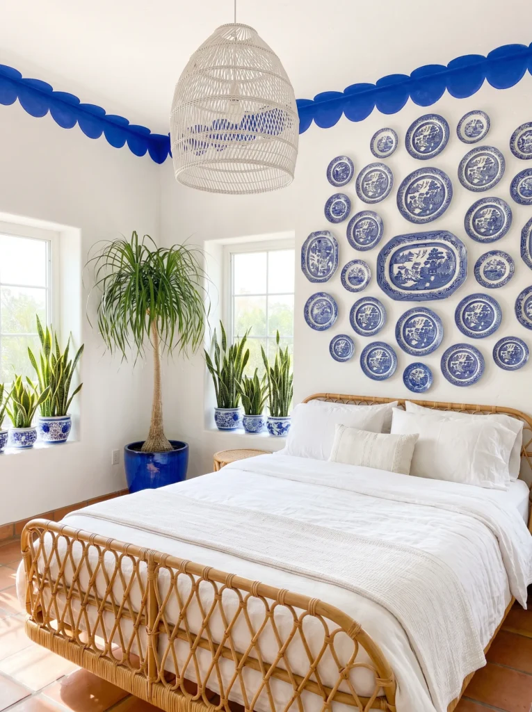  White bedroom with a cobalt scalloped border and a mounted blue-and-white plate gallery