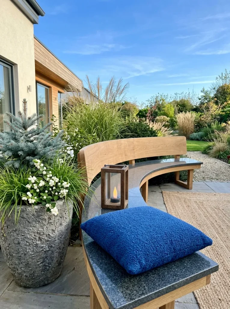 Curved oak bench with granite seat and cobalt cushions beside a hypertufa planter