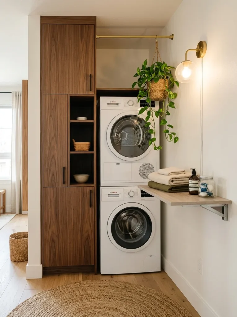 Compact apartment laundry corner with a walnut pantry and stacked ventless unit