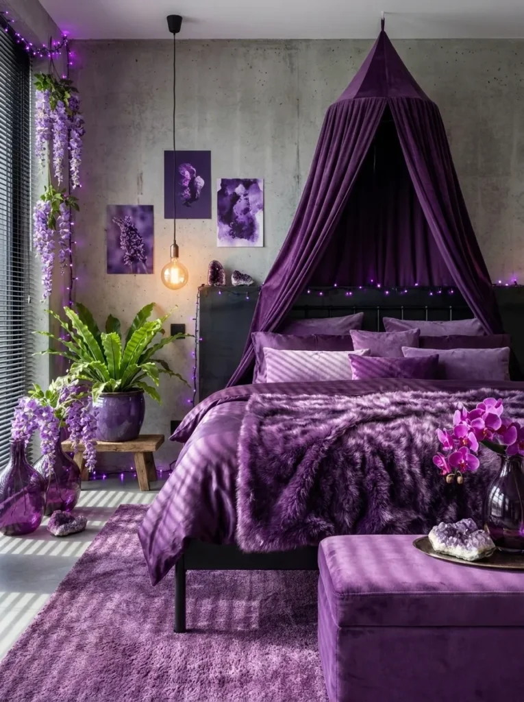  Industrial concrete-gray bedroom with a heliotrope-purple throw and exposed-bulb pendant