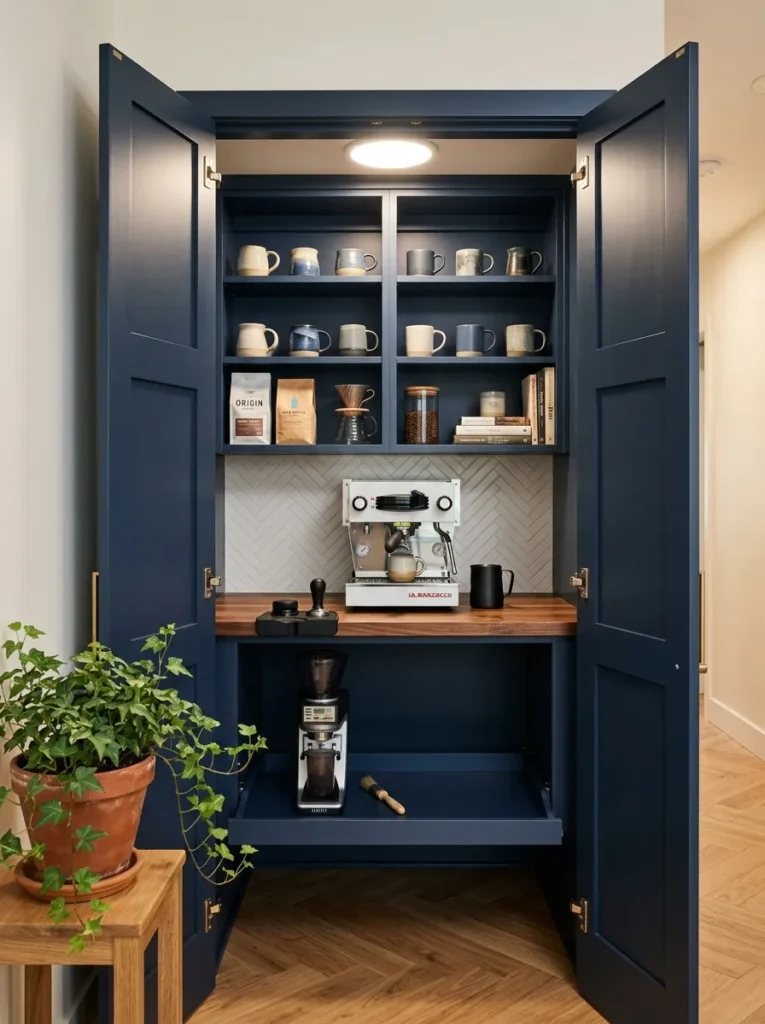 Café-style doors open onto a navy-painted closet coffee bar with butcher block counter